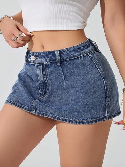 SHEIN ICON Váy ngắn denim màu xanh đậm dành cho nữ cỡ lớn