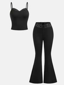 SHEIN Girlism 少女夏季黑色蕾丝拼接吊带背心套装+喇叭裤修身两件套 - 黑色 - 查看 10
