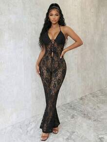 Eryvara 女士黑色蕾丝吊带系带透视镂空连体裤 - 黑色 - 查看 5