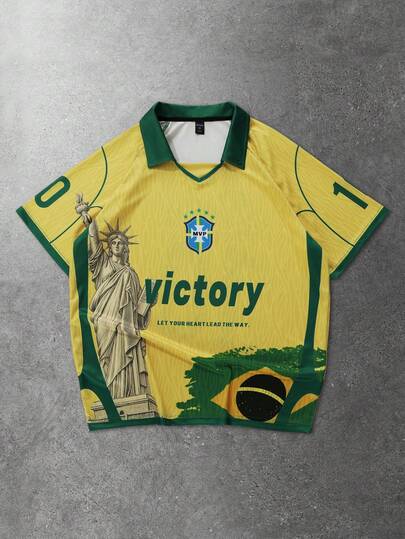 ROMWE MEN Prep Men's Polo Shirt, Casual Sports Sakura & English Text Graphic Print Short Sleeve Polo Shirt