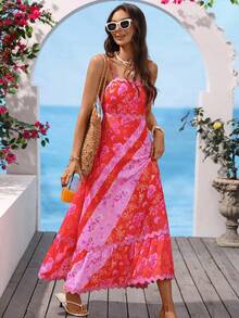 女士复古撞色无袖荷叶边长连衣裙，夏季款 - 粉色 - 查看 14