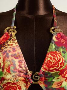 Zestiva 2pcs Women's Spring/Summer Beach Leopard Print Hollow Ring Swimsuit And Cover-Up Dress Set - Multicolor - View 6