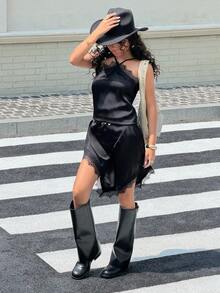 Muchica Women's Sexy Lace Trim Backless Halter Midi Dress, Summer - Black - View 3