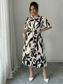 Elenzga Plus Size Casual Printed Short Sleeve Shirt Collar Dress - Apricot - View 6