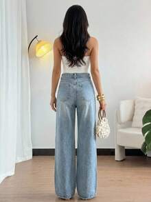 DAZY Women's Regular Waist Loose Slant Pocket Casual Straight Leg Pants - Medium Wash - View 3