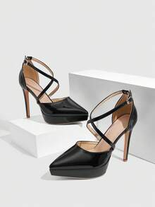 CUCCOO SZL Women's Pointed Sexy Strip Platform High-Heeled Sandals Prom Heels Summer Shoes - Black - View 1