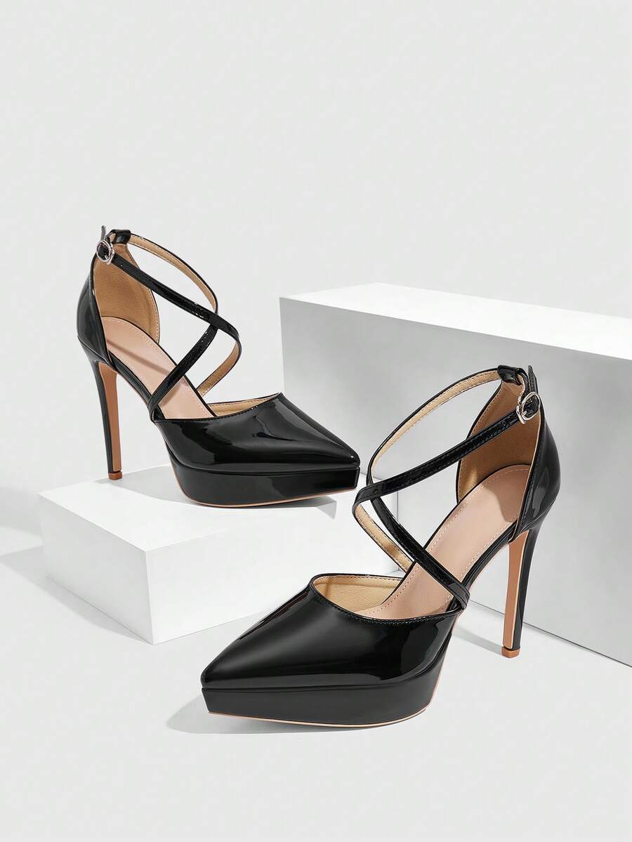 CUCCOO SZL Women's Pointed Sexy Strip Platform High-Heeled Sandals Prom Heels Summer Shoes - Black - View 1