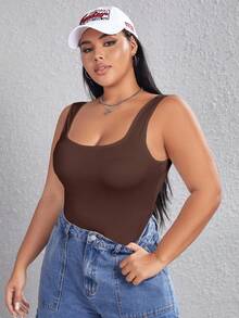 SHEIN EZwear Plus Size Sleeveless Solid Color Bodysuit, Summer - Chocolate Brown - View 4