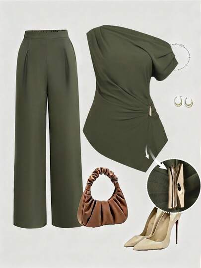 Franclia Plus Size Women's Solid Color One Shoulder Gathered Waist Big Metal Buckle Decor Draped Irregular Hem Blouse + Elastic Waist Pleated Pocket Loose Straight Leg Pants Set, Elegant Vintage French Style For Office, Casual, Vacation, Afternoon Tea, Street, Simple Versatile, Spring/Summer New Arrival