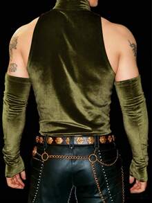 Manfinity Dauomo 男士休闲时尚夜店派对纯色天鹅绒露肩修身T恤 - 軍綠色 - 查看 2