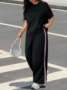 SHEIN EZwear Set 2 buc. tricou și pantaloni cu dungi în culori contrastante, mărime mare, primăvară/vară/toamnă - Multicolor - Vizualizare 3