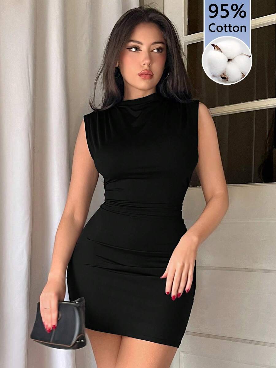 Firerie 95%纯棉无袖迷你连衣裙，适合外出、街头风、机场、时尚、通勤、约会、海滩度假、节日、婚礼、派对等场合。 - 黑色 - 查看 1