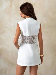 EURMUSE Women, Spring, Summer, Blazer, Sleeveless, Regular Fit, Regular Length, Lace, Weeding, Elegant, Weeding Part, - White - View 2