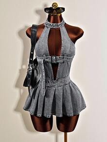 Mistrie Đầm denim nữ gợi cảm cổ yếm khoét rỗng với thiết kế khóa cài. - màu đen - Xem 7