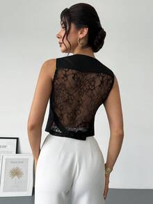 SHEIN قميص أنثوي أحادي اللون بتصميم بسيط بدون أكمام، للارتداء اليومي العادي - الأسود - مشاهدة 2