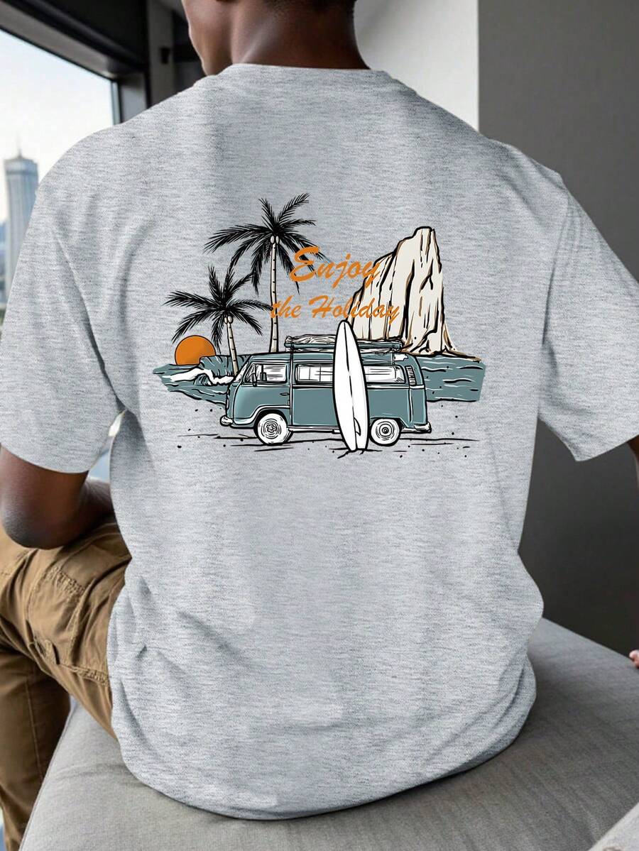 Manfinity RSRT Manfinity Chillmode Men'S Printed Short Sleeve Summer T-Shirt With Beach Holiday Pattern On The Back - Grey - View 1