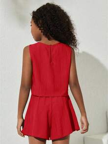 SHEIN Tween Girls' Casual Sleeveless Woven Top And Loose Shorts Set - Red - View 2