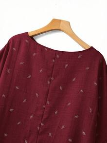 SHEIN EMERY ROSE CURVE Plus Size Embroidered Pattern Round Neck Long Sleeve Shirt - Burgundy - View 4