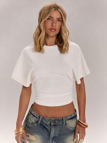 SHEIN BAE Damen Weiß einfarbiges Jacquard Loose Waist Top - Weiss - Übersicht 6