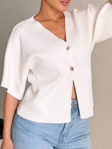Milla Jasmine Cardigan casual da donna con bottoni metallici monopetto, maniche corte, adatto per l'autunno - Bianco - Visualizzare 3