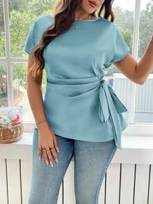 Reflora Plus Size Women's Fashionable Elegant Solid Color Tie Blouse - Mint Blue - View 3