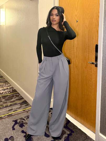 Natali Santanap 女装极简时尚深咖啡超大阔腿裤通勤裤棕色阔腿裤女高腰阔腿裤秋冬棕色西装裤