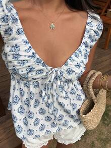 Sunnyshic 女士休闲度假时尚日常百搭约会波西米亚风印花褶皱短款上衣，春夏款 - 彩色 - 查看 5