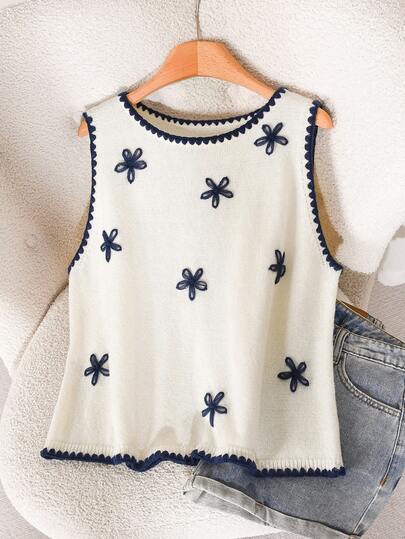 CosyJoli Plus Size Contrast Color Trim Round Neck Sleeveless Floral Print Casual Knit Top