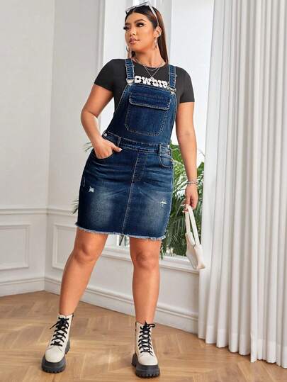 SHEIN ICON Plus Ripped Raw Hem Overall Denim Dress Without Tee