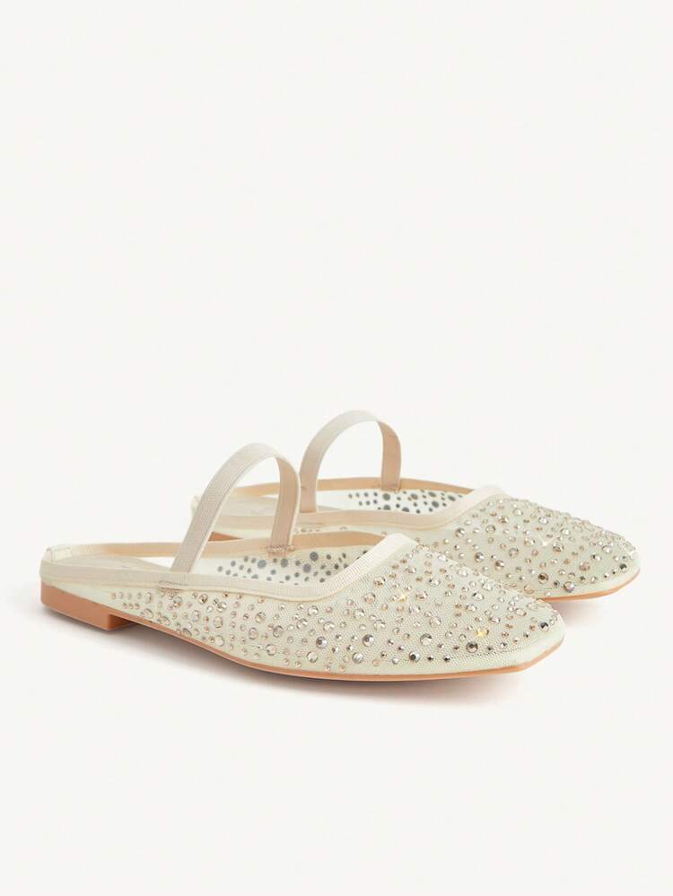 CUCCOO CHICEST Women Shoes Spring And Summer Fashion Beige Full Diamond Mesh Elastic Women Flat Mule Shoes Elegant When Comfortable And Cute Sweet Women Flat Shoes Half Slippers