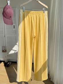Comfortcana Pantalones de chándal de punto a rayas amarillas de talla grande cómodos con cordón, adecuados para uso casual - Amarillo - Ver 2
