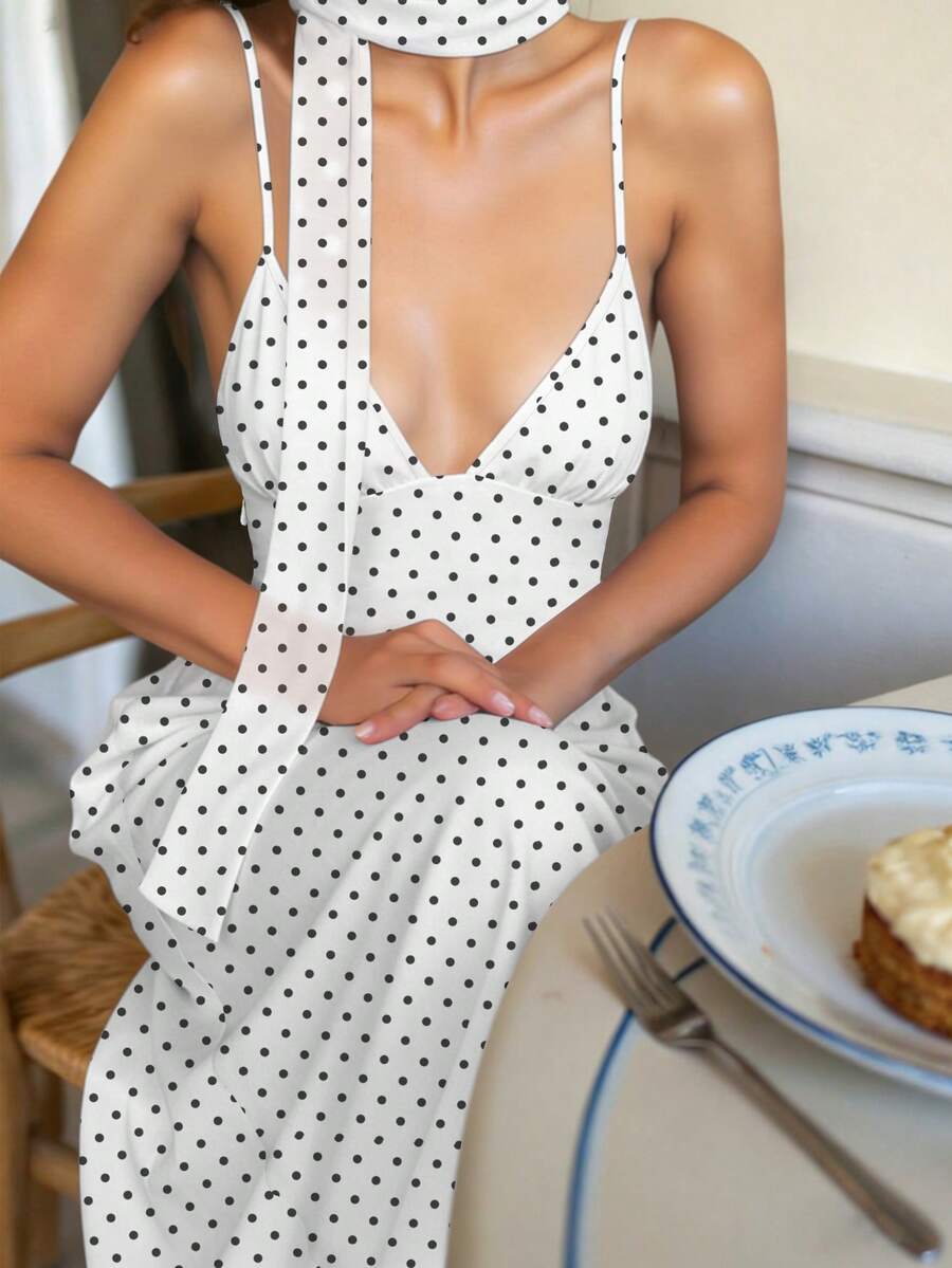 INAWLY 女式夏季性感圆点露背吊带裙 - 白色 - 查看 1