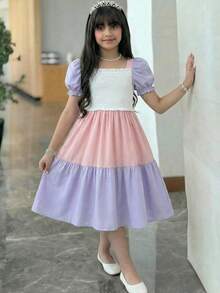 SHEIN Tween Girl Colorblock Square Neck Short Petal Sleeve Shirred Dress - Multicolor - View 6