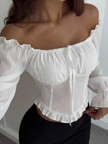 DAZY Spring/Summer Elegant Lace Patchwork Slim Fit Blouse With Drawstring Tie, Suitable For Valentine's Day, Wedding, Party, Formal Occasions, Long Sleeve Women's Shirt - White - View 7