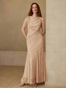 MOTF PREMIUM VESTIDO LARGO DE ENCAJE ELEGANTE PARA MUJER CON DISEÑO ESTRUCTURAL, PRIMAVERA/VERANO - Rosa vieja - Ver 6