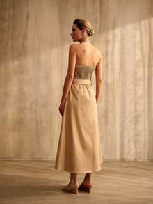 MOTF PREMIUM ELEGANT WOMEN'S CASUAL LOOSE FIT NECK TIE SLIMMING KHAKI DRESS - Khaki - View 3