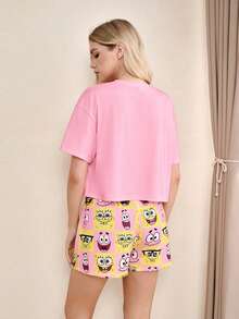 SpongeBob SquarePants | SHEIN Set de bluză și pantaloni scurți cu guler rotund și mânecă scurtă pentru femei, lenjerie de casă casual - Roz - Vizualizare 2