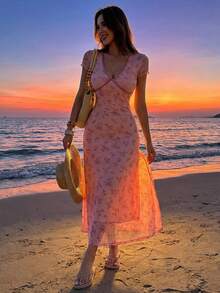 DAZY Spring & Summer Ditsy Floral Color Block Patchwork Dress, Elegant V-Neck Short Sleeve Casual Beach Maxi Dress For Parties, Weddings, Holidays Easter Sundress - Pink - View 6