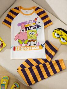 SpongeBob SquarePants | SHEIN 2件套休闲男童撞色条纹卡通印花圆领插肩袖紧身短袖上衣和裤子家居服套装 - 彩色 - 查看 1