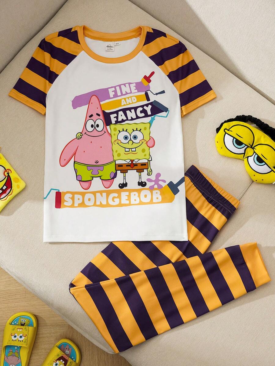 SpongeBob SquarePants | SHEIN 2件套休闲男童撞色条纹卡通印花圆领插肩袖紧身短袖上衣和裤子家居服套装 - 彩色 - 查看 1