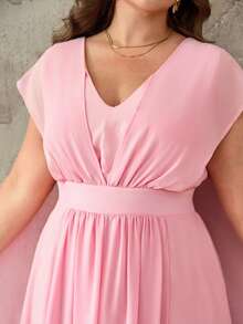 Roveilla Plus Size Women's Blush Pink Summer Elegant Formal Wedding Ninang Maxi Dress,Chiffon Shirred Waist Drop Shoulder French Boho Wrap Dresses - Pink - View 8