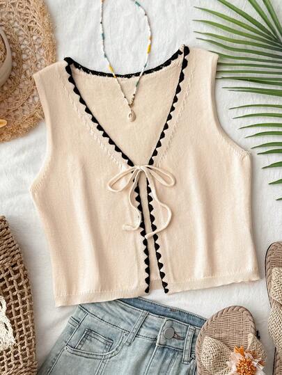 Travachic Áo vest dệt kim buộc dây phía trước, họa tiết hoa, phong cách thường ngày dành cho nữ, thích hợp cho kỳ nghỉ.