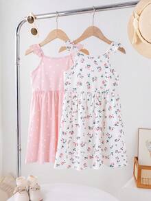 SHEIN Genkimix Kids 2件組少女花卉印花荷葉袖A字鬆緊腰洋裝，休閒日常、海灘、度假、夏季適用 - 淺粉色 - 查看 6