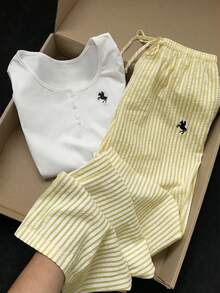 Comfortcana 2025新款秋冬加大码女式休闲刺绣纽扣上衣和条纹裤两件套，白色沙滩装，适合秋季、感恩节、新年等场合，女装 - 鵝黃色 - 查看 1