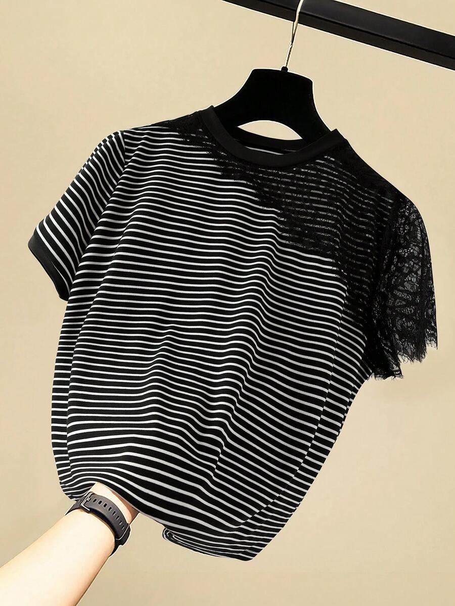 GlowEve CURVE Women's Striped Round Neck Short Sleeve Casual T-Shirt, Lace Patchwork, Summer - Black and White - View 1