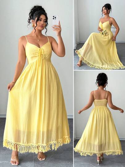 Elenzga 大码女式吊带连衣裙，A字廓形，流苏装饰，蝴蝶结腰带，宽松轻盈，舒适内衬，优雅大方，适合度假、闺蜜聚会、下午茶、海滩等场合，黄色大码连衣裙