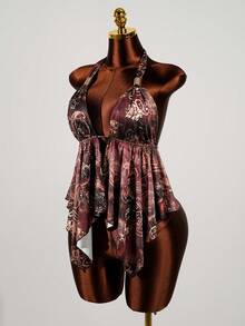 SaltGleam SaltGleam Women's Fashion Metal Buckle Asymmetric Hem Bodycon Printed Sleeveless Top, Burgundy, Summer, Boho, Beach Vacation, Holiday Music Festival Party Daily Wear - Multicolor - View 5