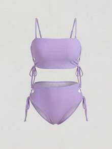 Sweetra CURVE مجموعة بيكيني للسيدات قياس كبير قطعتين، ذو لون داكن بحزام جانبي معقود، مناسب للموضة - الأرجواني - مشاهدة 1