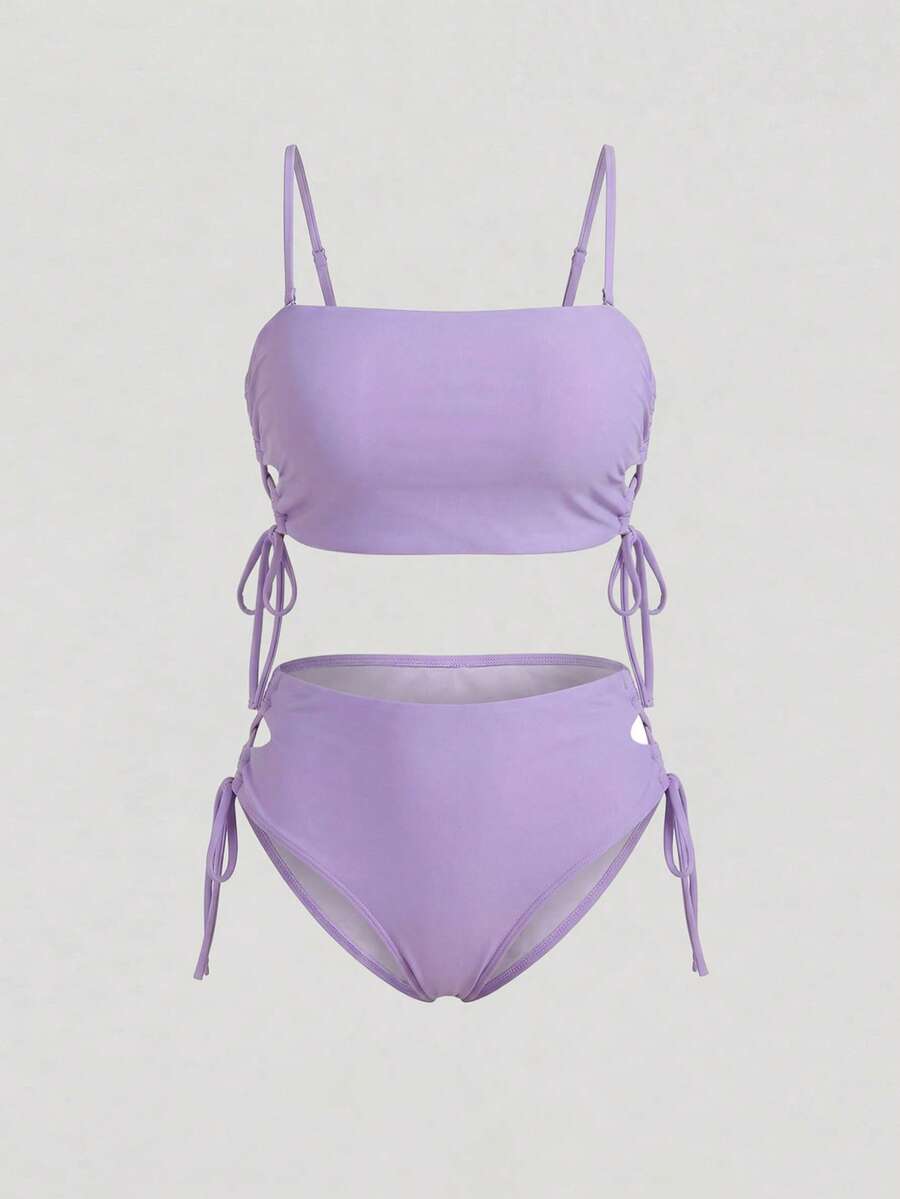Sweetra CURVE مجموعة بيكيني للسيدات قياس كبير قطعتين، ذو لون داكن بحزام جانبي معقود، مناسب للموضة - الأرجواني - مشاهدة 1