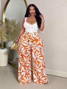 Slaydiva 大码女式印花系带阔腿裤，度假女裤夏季裹身裤印花高腰阔腿裤女式阔腿裤女式夏季裤阔腿裤度假套装裤 - 橘色 - 查看 8